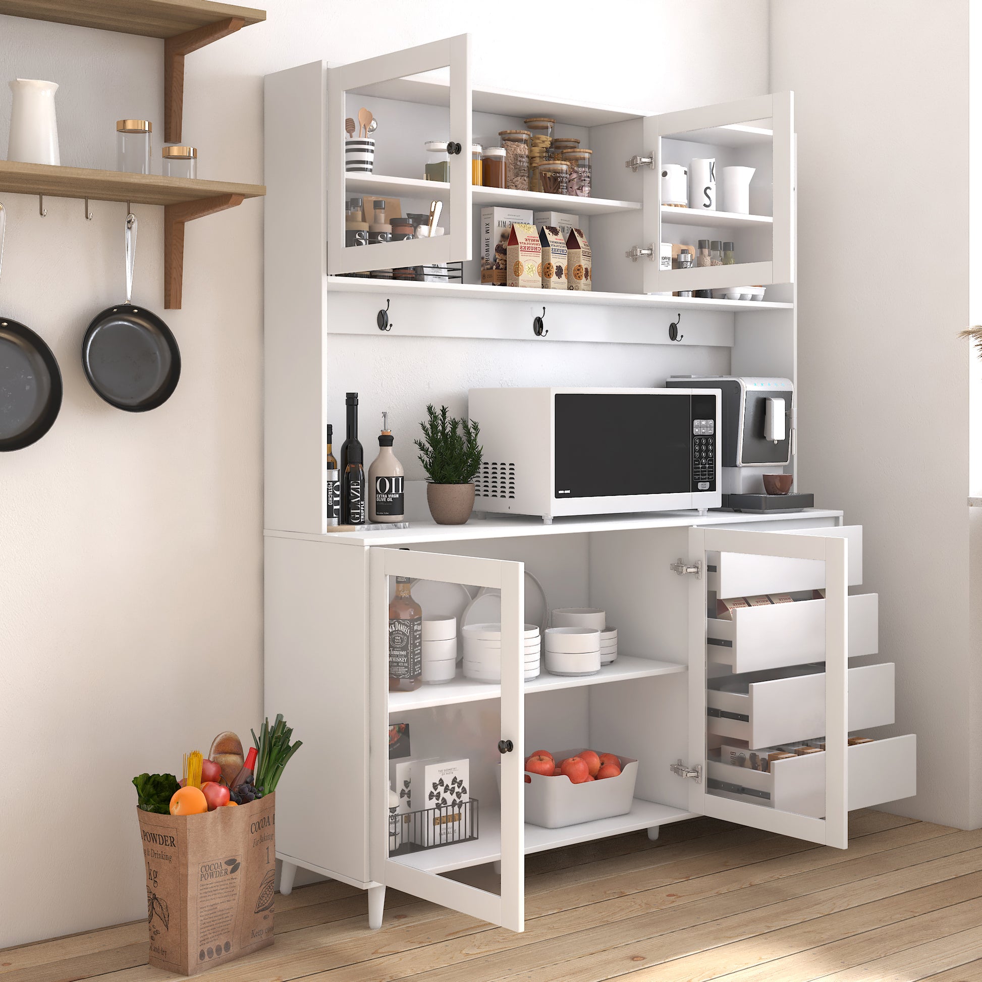 Three-layer White Pantry Cabinet with Drawers