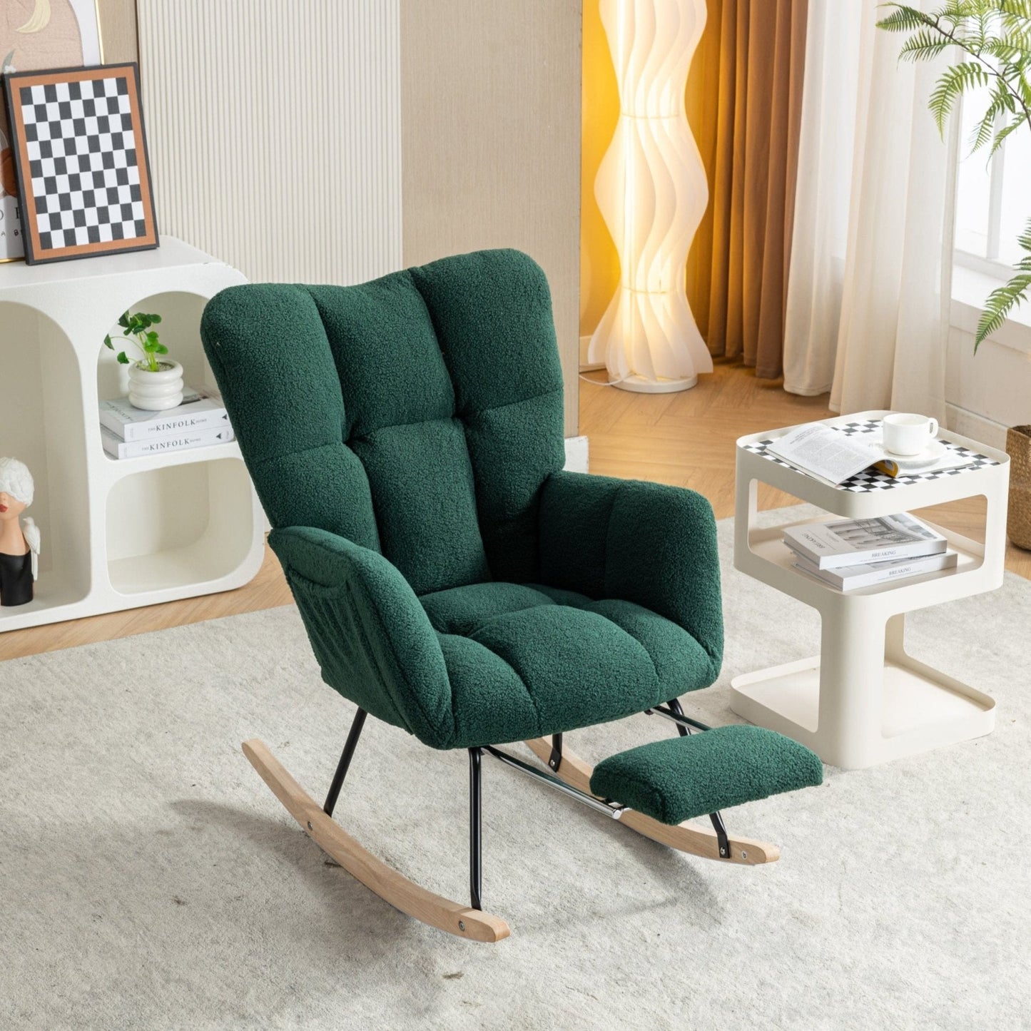 053 - Teddy Fabric Rocking Chair With Adjustable Footrest,Green - Usofuns