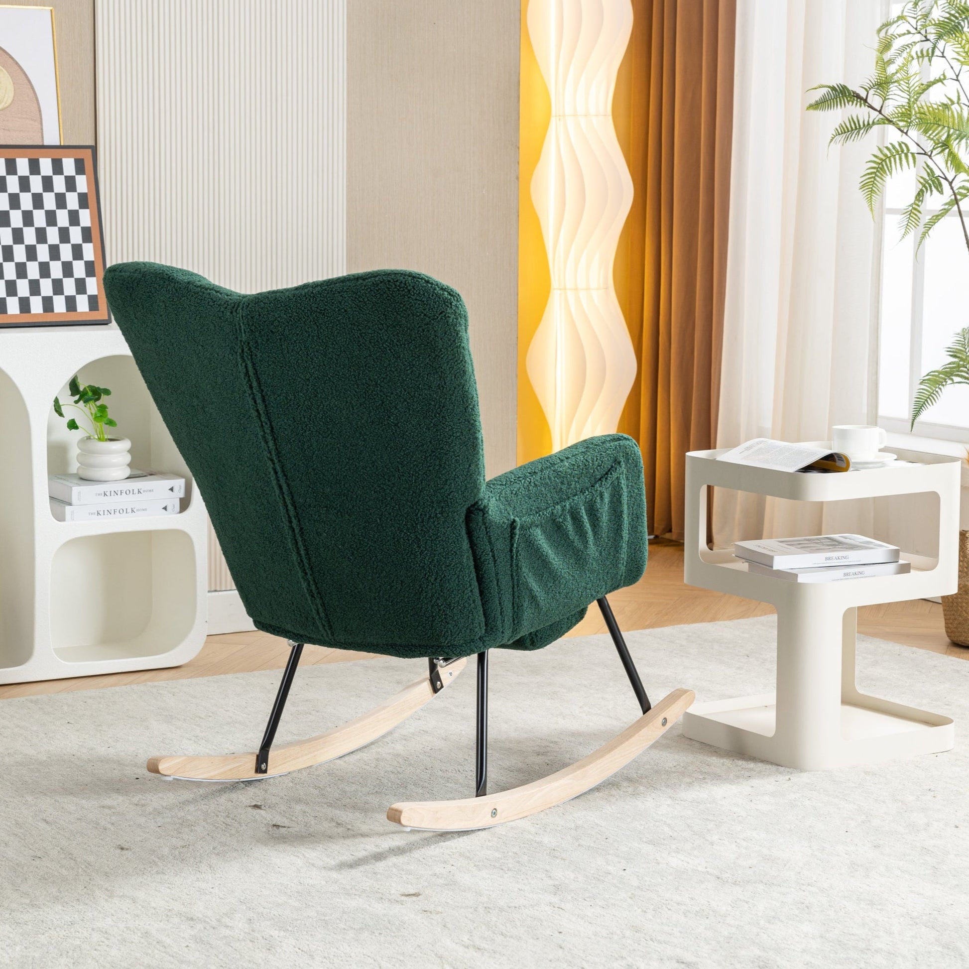 053 - Teddy Fabric Rocking Chair With Adjustable Footrest,Green - Usofuns