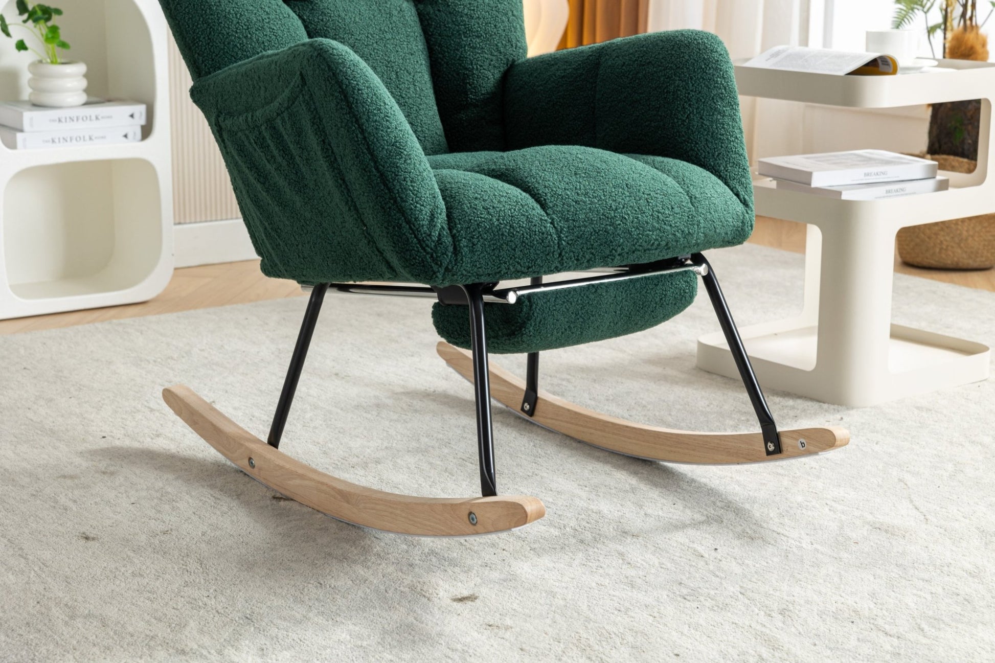 053 - Teddy Fabric Rocking Chair With Adjustable Footrest,Green - Usofuns