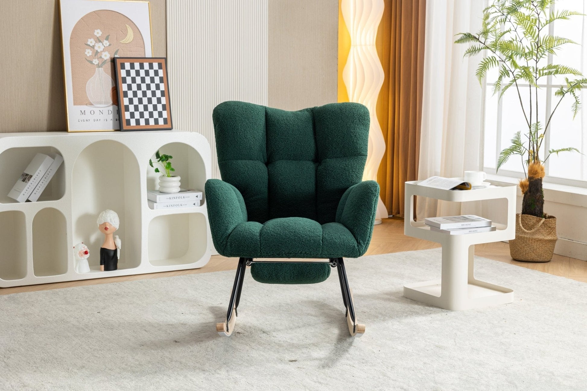 053 - Teddy Fabric Rocking Chair With Adjustable Footrest,Green - Usofuns