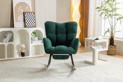 053 - Teddy Fabric Rocking Chair With Adjustable Footrest,Green - Usofuns