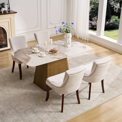 Modern Dining Chairs Set of 2,Double-layer Cushioned Chenille fabric Upholstered Accent Side Leisure Chairs with Mid Back and Curved Solid Wood Legs for Living Room/Dining Room-Beige 