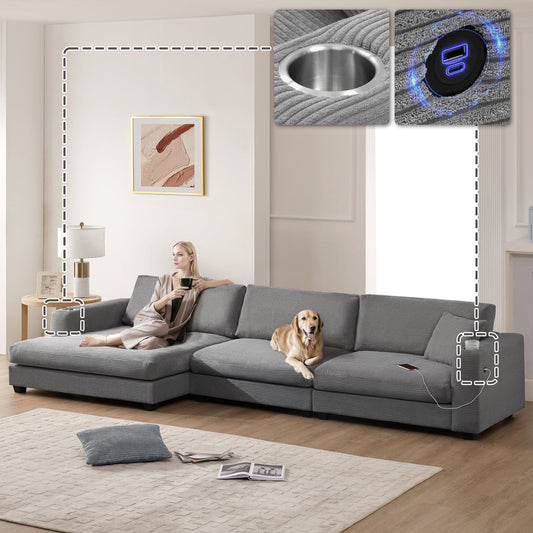 134*54'Oversized Corduroy Sectional Sofa,L Shaped Cloud Couch with USB Charging Port,Cup Holder,Deep Seat Sofa Bed with 50' Chaise,Comfy Indoor Furniture for Living Room,3 Colors - Usofuns