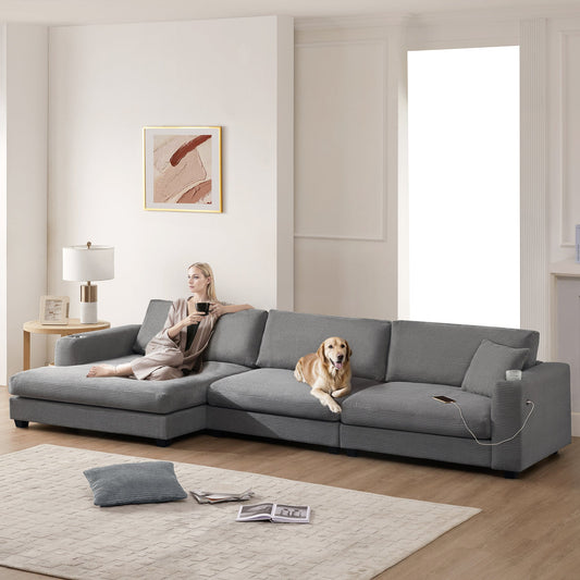 134*54'Oversized Corduroy Sectional Sofa,L Shaped Cloud Couch with USB Charging Port,Cup Holder,Deep Seat Sofa Bed with 50' Chaise,Comfy Indoor Furniture for Living Room,3 Colors - Usofuns