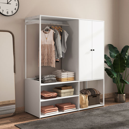 Wardrobe Closet, White Cabinet with Shelves, High wardrobe with 2 doors, some storage shelves,Large Clothing Storage with Hanging Rod for Bedroom, Living/Laundry Room