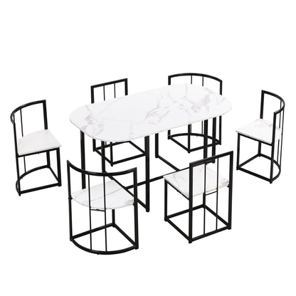 TOPMAX Modern 7-Piece Dining Table Set with Faux Marble Compact 55Inch Kitchen Table Set for 6, Black+White