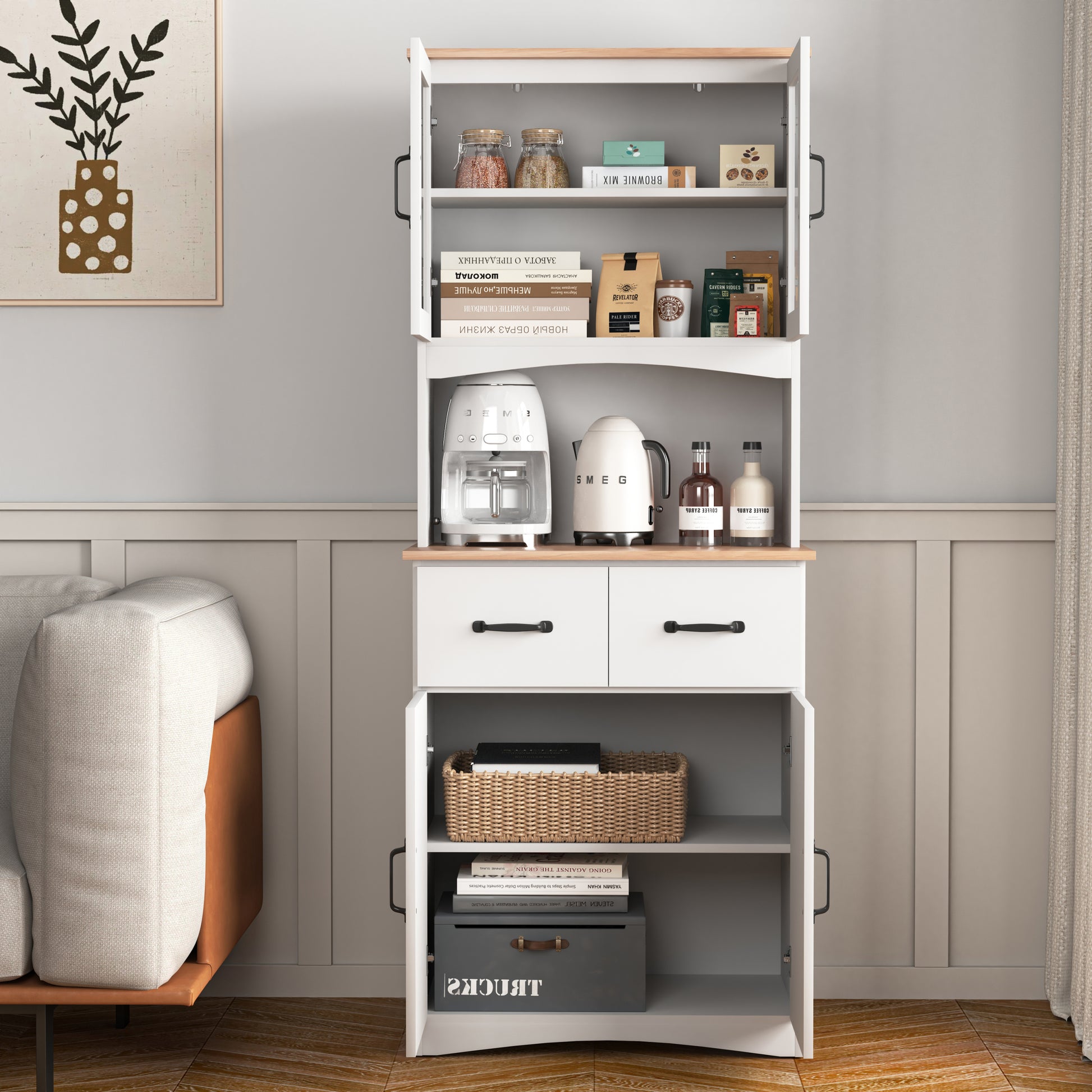 Wooden Kitchen Cabinet White Pantry Room Storage Microwave Cabinet with Framed Glass Doors and Drawer 