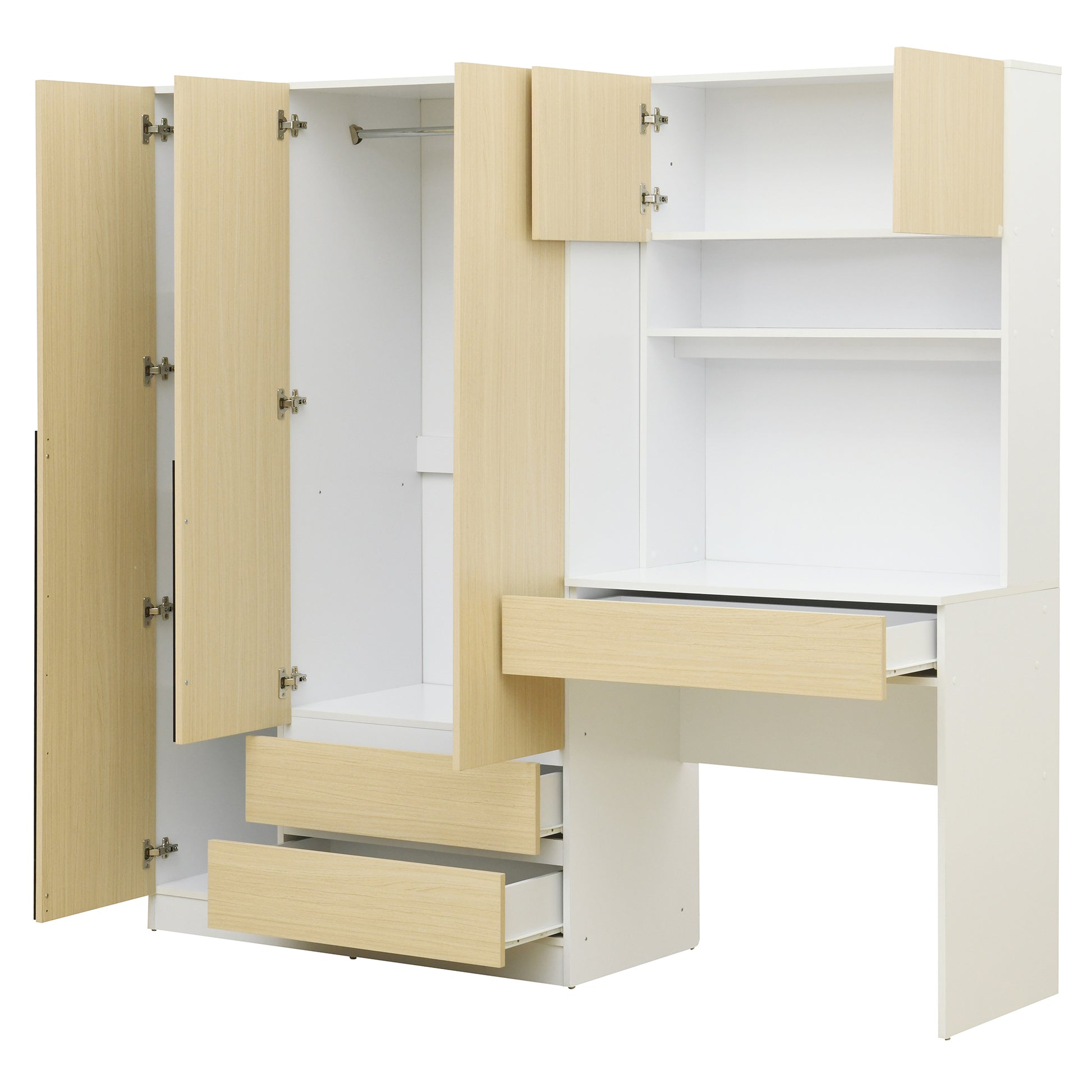 3-Door Wooden Storage Desk Wardrobe for Bedroom with Shelves and 3 Drawers, Natural