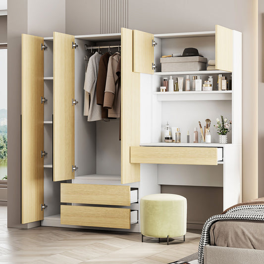 3-Door Wooden Storage Desk Wardrobe for Bedroom with Shelves and 3 Drawers, Natural