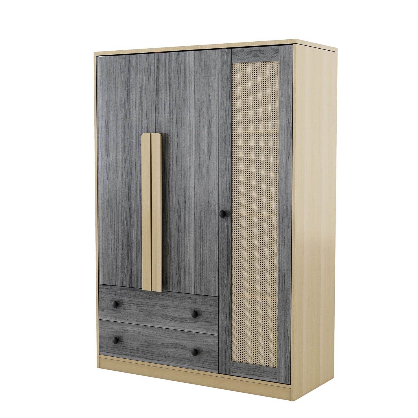 3-Doors Wooden Rattan Wardrobe Storage for Bedroom,with 2 Drawers,Gray+Nature