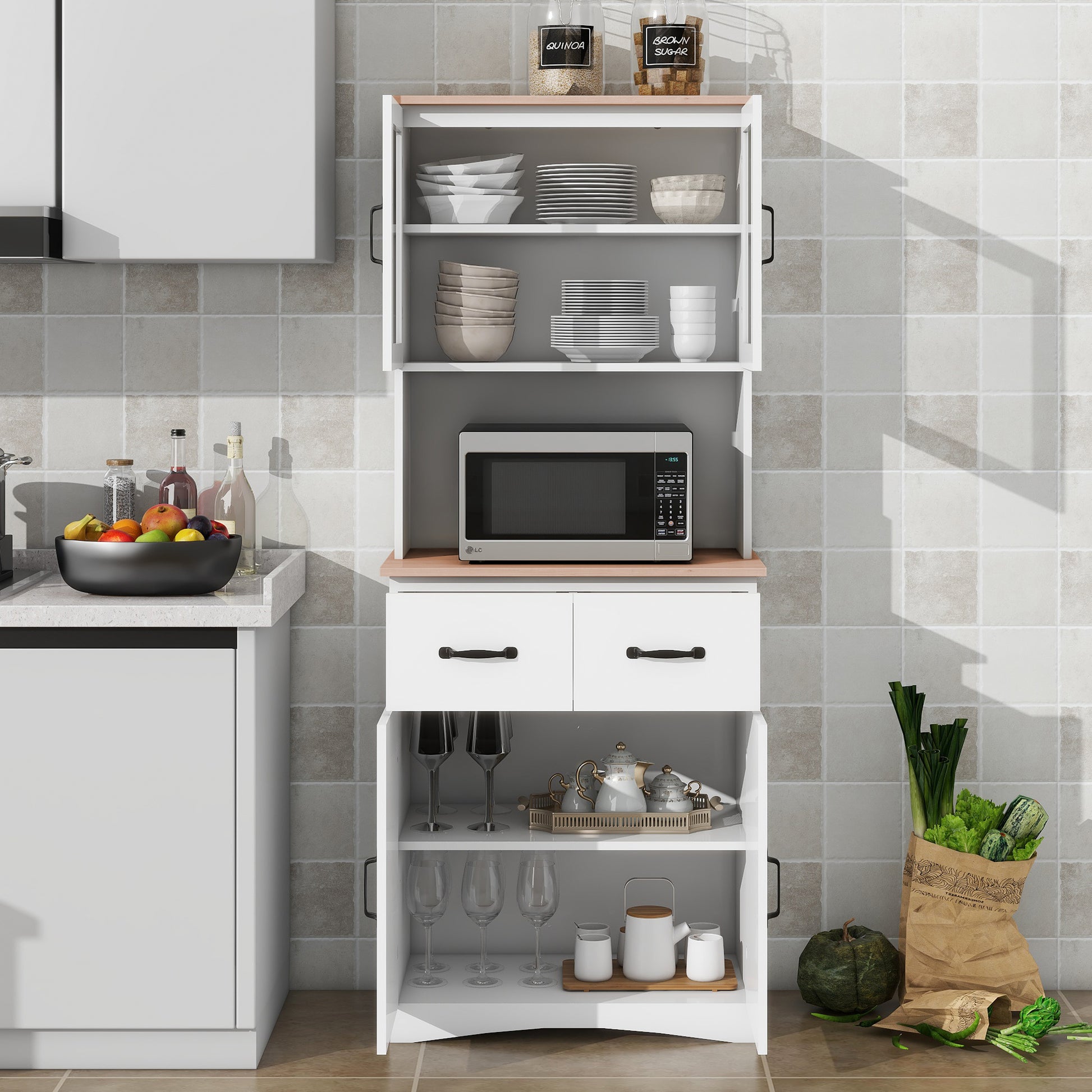 Wooden Kitchen Cabinet White Pantry Room Storage Microwave Cabinet with Framed Glass Doors and Drawer 