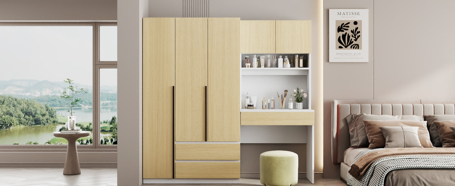 3-Door Wooden Storage Desk Wardrobe for Bedroom with Shelves and 3 Drawers, Natural