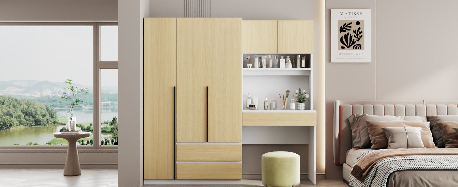 3-Door Wooden Storage Desk Wardrobe for Bedroom with Shelves and 3 Drawers, Natural