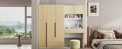 3-Door Wooden Storage Desk Wardrobe for Bedroom with Shelves and 3 Drawers, Natural