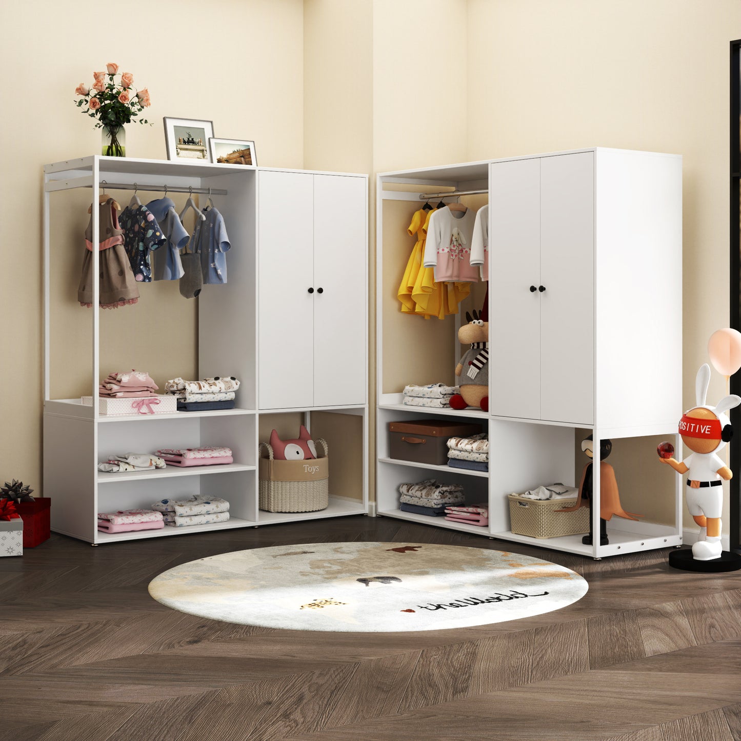 Wardrobe Closet, White Cabinet with Shelves, High wardrobe with 2 doors, some storage shelves,Large Clothing Storage with Hanging Rod for Bedroom, Living/Laundry Room