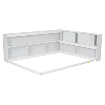 Full Floor Bed with L-shaped Bookcases (White)