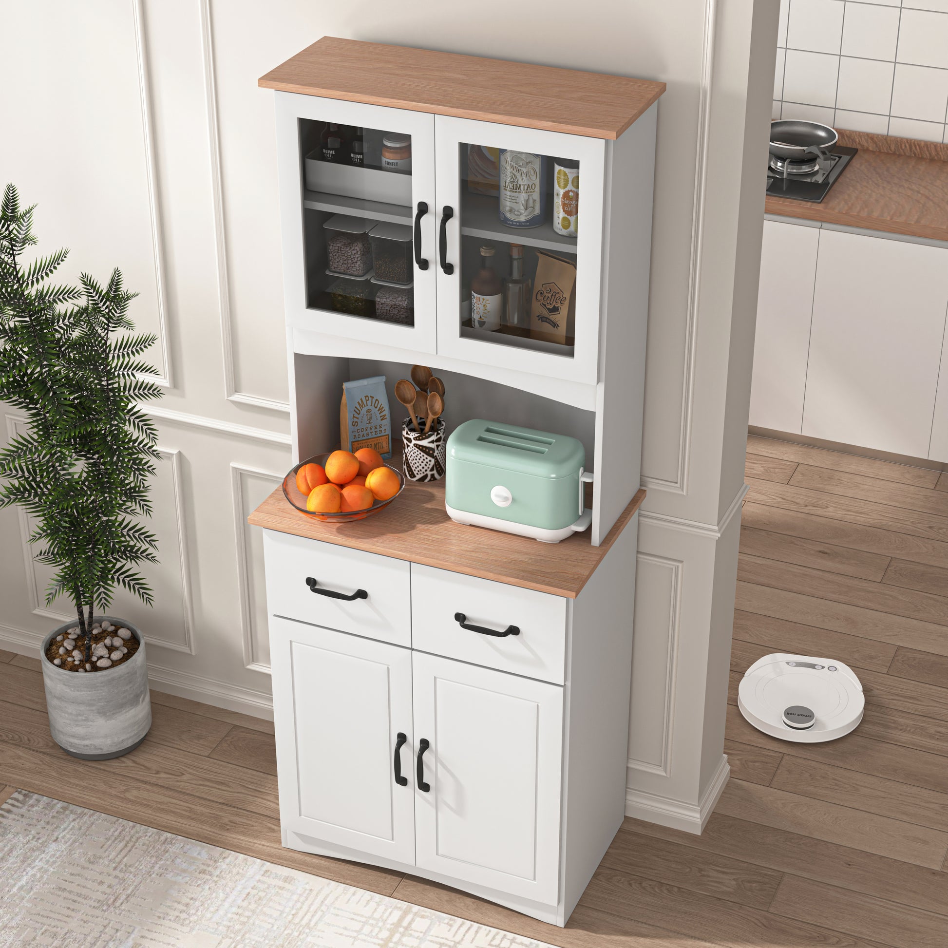 Wooden Kitchen Cabinet White Pantry Room Storage Microwave Cabinet with Framed Glass Doors and Drawer 