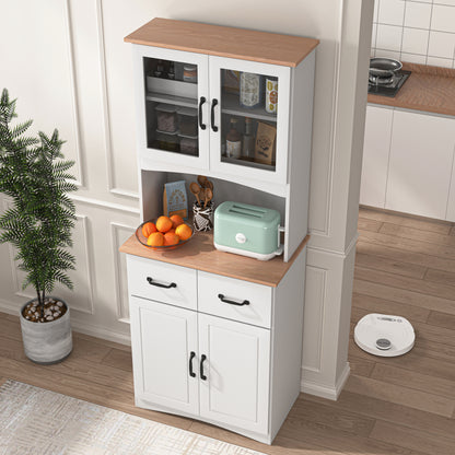 Wooden Kitchen Cabinet White Pantry Room Storage Microwave Cabinet with Framed Glass Doors and Drawer 