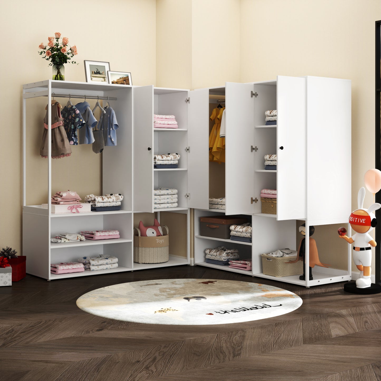 Wardrobe Closet, White Cabinet with Shelves, High wardrobe with 2 doors, some storage shelves,Large Clothing Storage with Hanging Rod for Bedroom, Living/Laundry Room