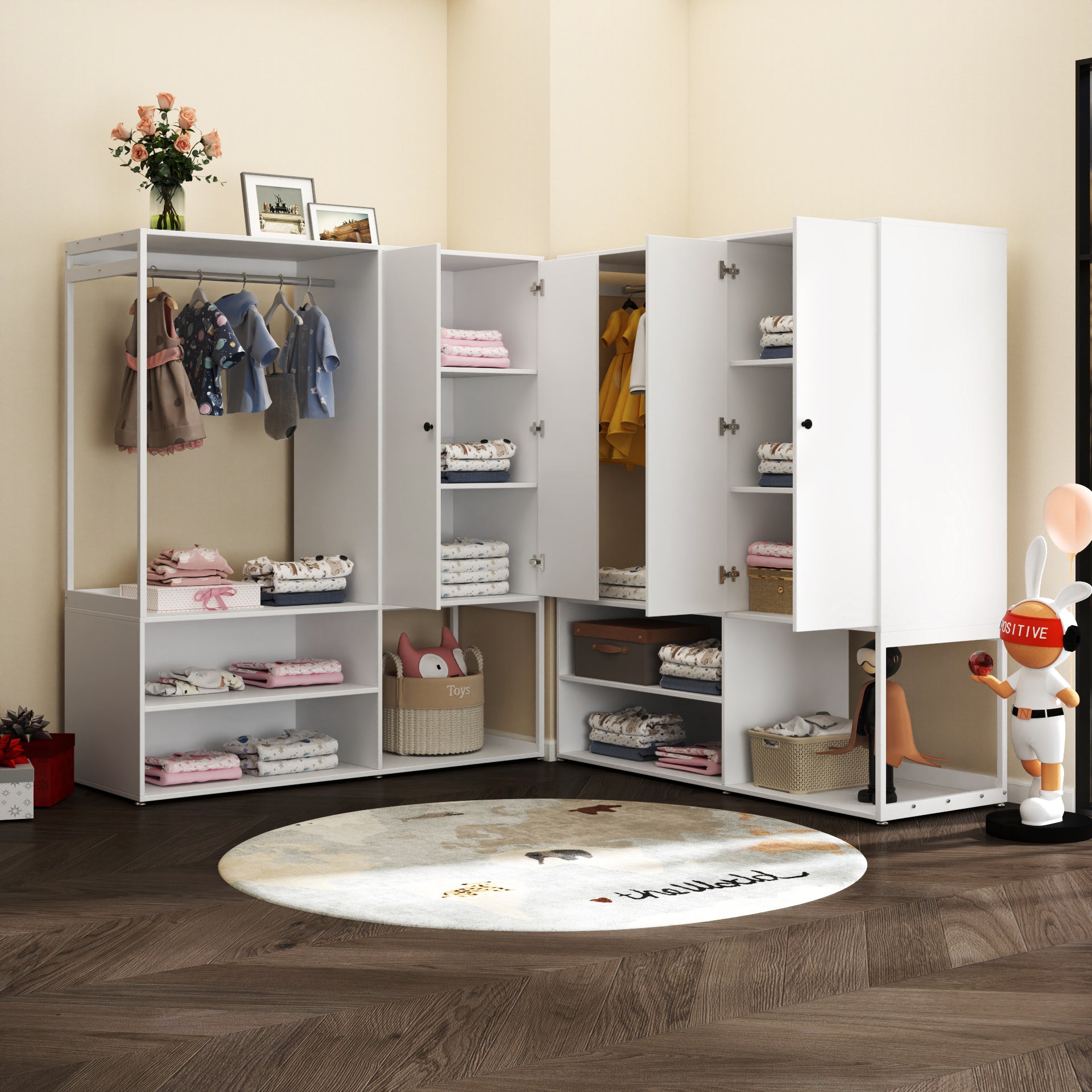 Wardrobe Closet, White Cabinet with Shelves, High wardrobe with 2 doors, some storage shelves,Large Clothing Storage with Hanging Rod for Bedroom, Living/Laundry Room
