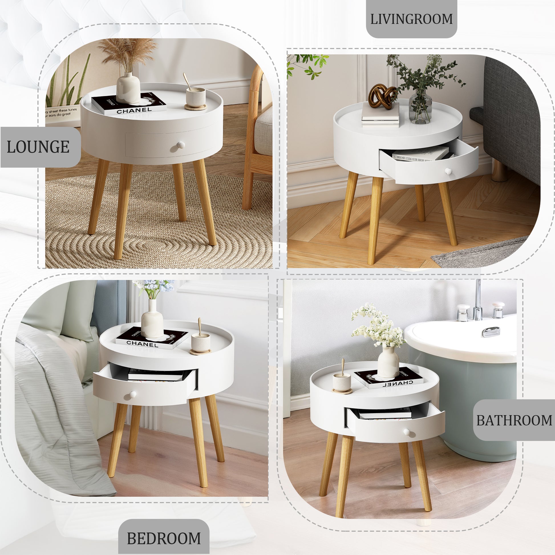 18'H Nightstand with Storage Drawer & Oak Legs Bedside Table, Sofa Side Coffee Table for Bedroom, Living Room, White