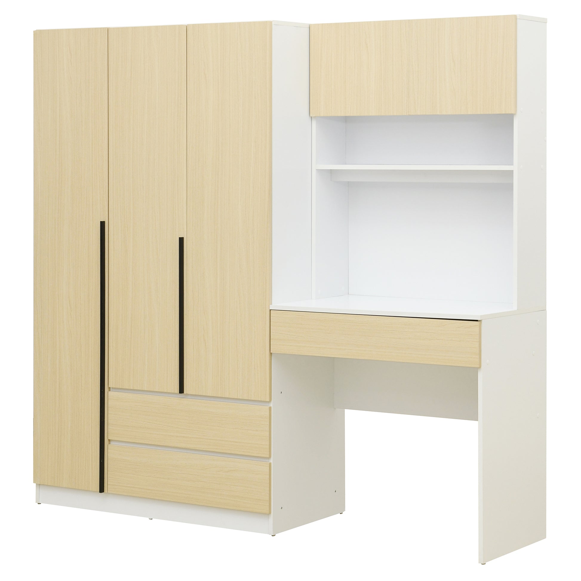 3-Door Wooden Storage Desk Wardrobe for Bedroom with Shelves and 3 Drawers, Natural