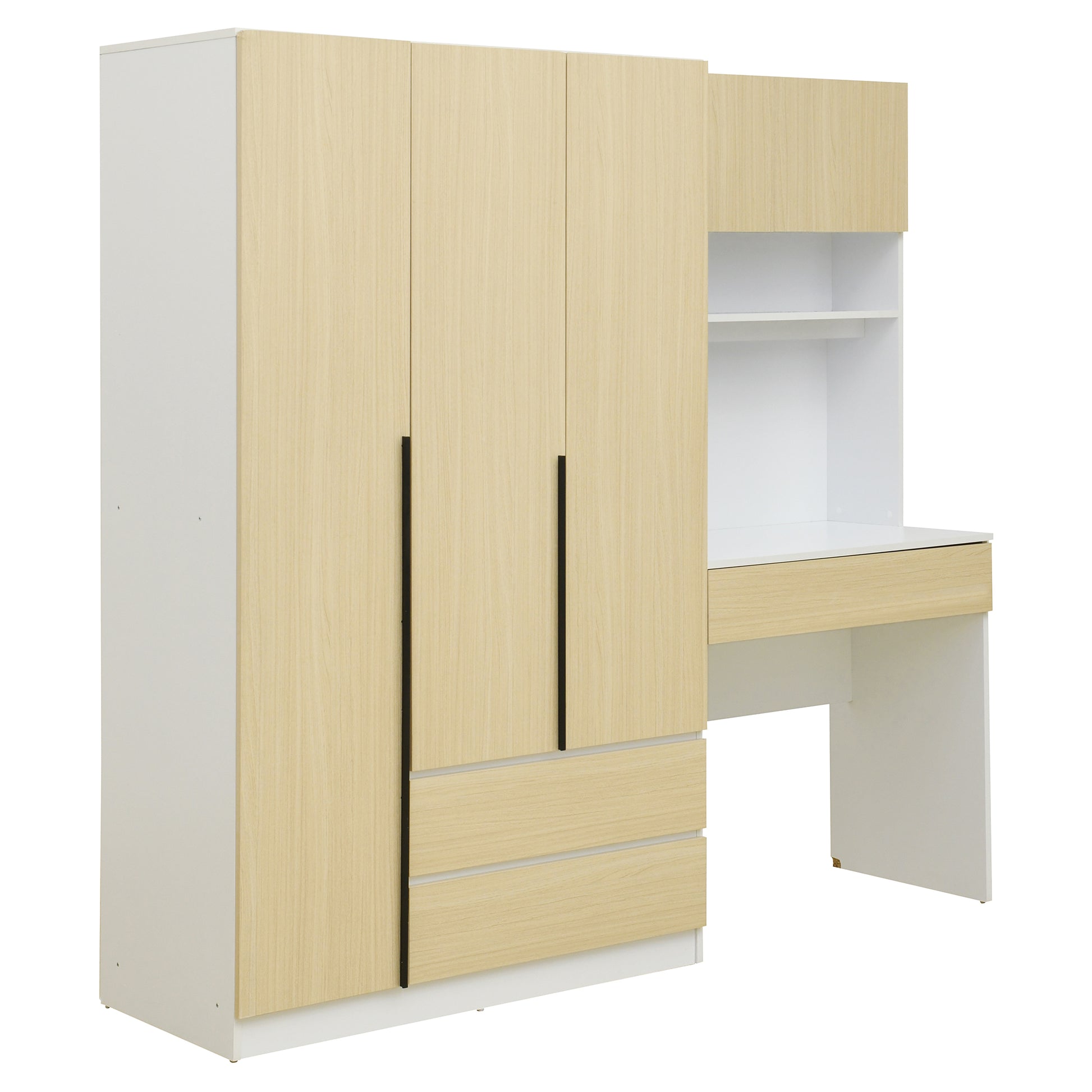 3-Door Wooden Storage Desk Wardrobe for Bedroom with Shelves and 3 Drawers, Natural