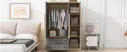 3-Doors Wooden Rattan Wardrobe Storage for Bedroom,with 2 Drawers,Gray+Nature