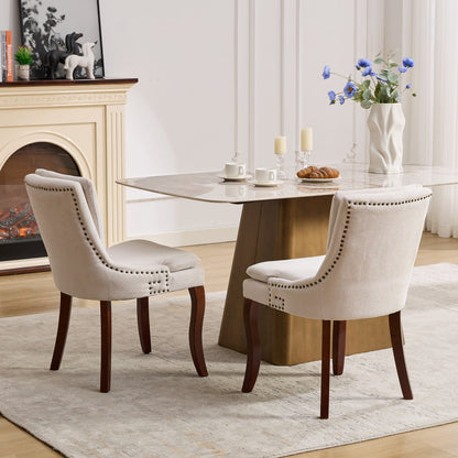 Modern Dining Chairs Set of 2,Double-layer Cushioned Chenille fabric Upholstered Accent Side Leisure Chairs with Mid Back and Curved Solid Wood Legs for Living Room/Dining Room-Beige 