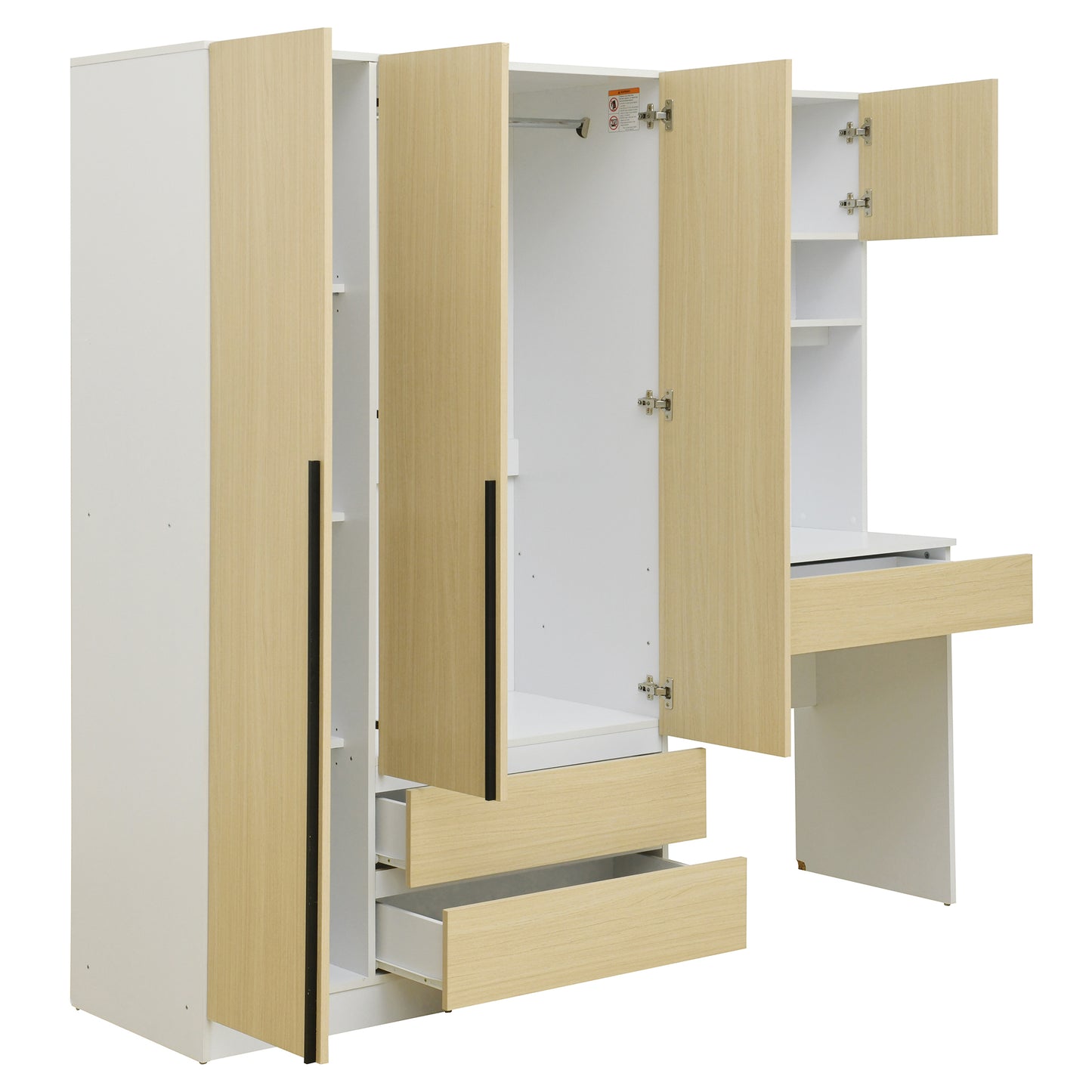 3-Door Wooden Storage Desk Wardrobe for Bedroom with Shelves and 3 Drawers, Natural