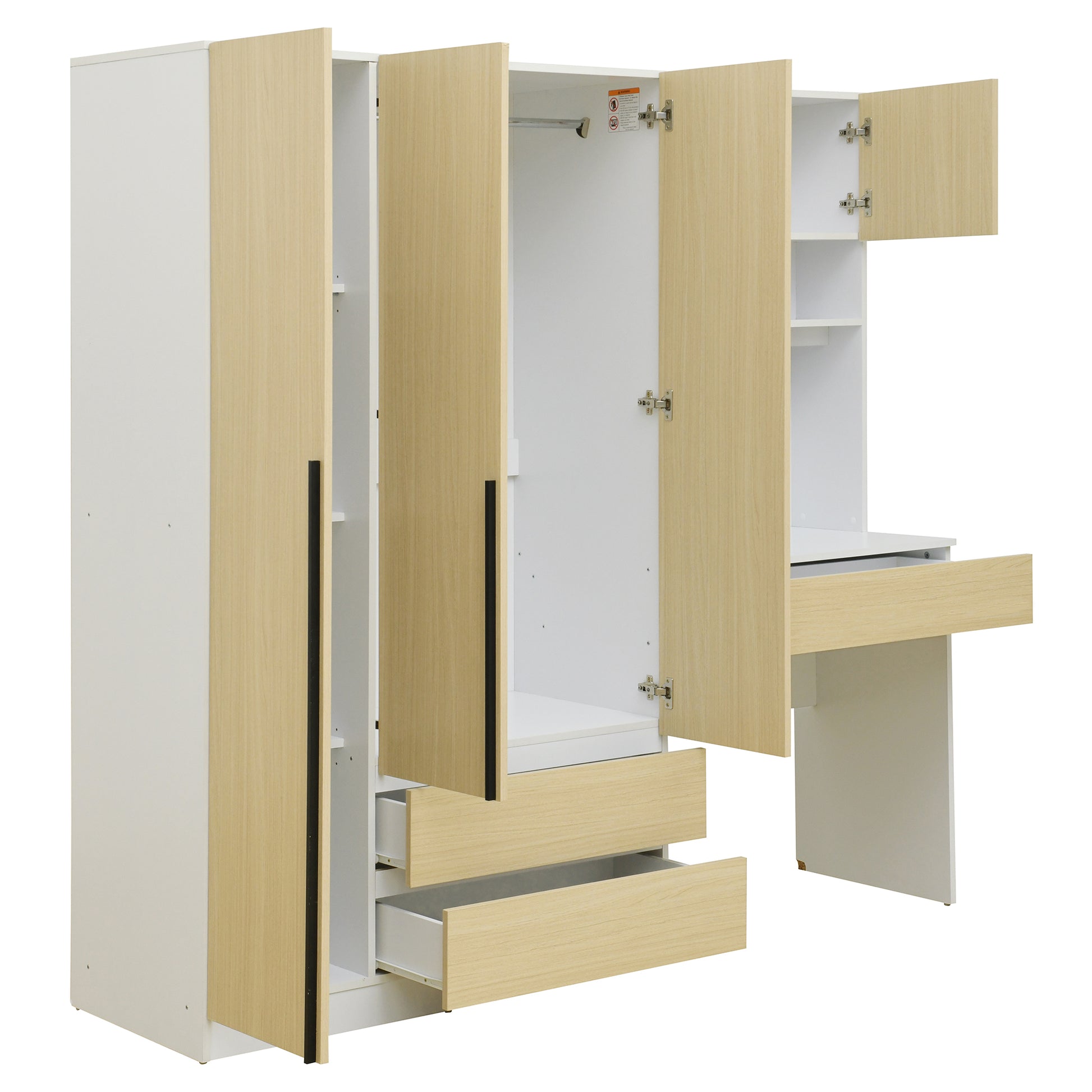 3-Door Wooden Storage Desk Wardrobe for Bedroom with Shelves and 3 Drawers, Natural