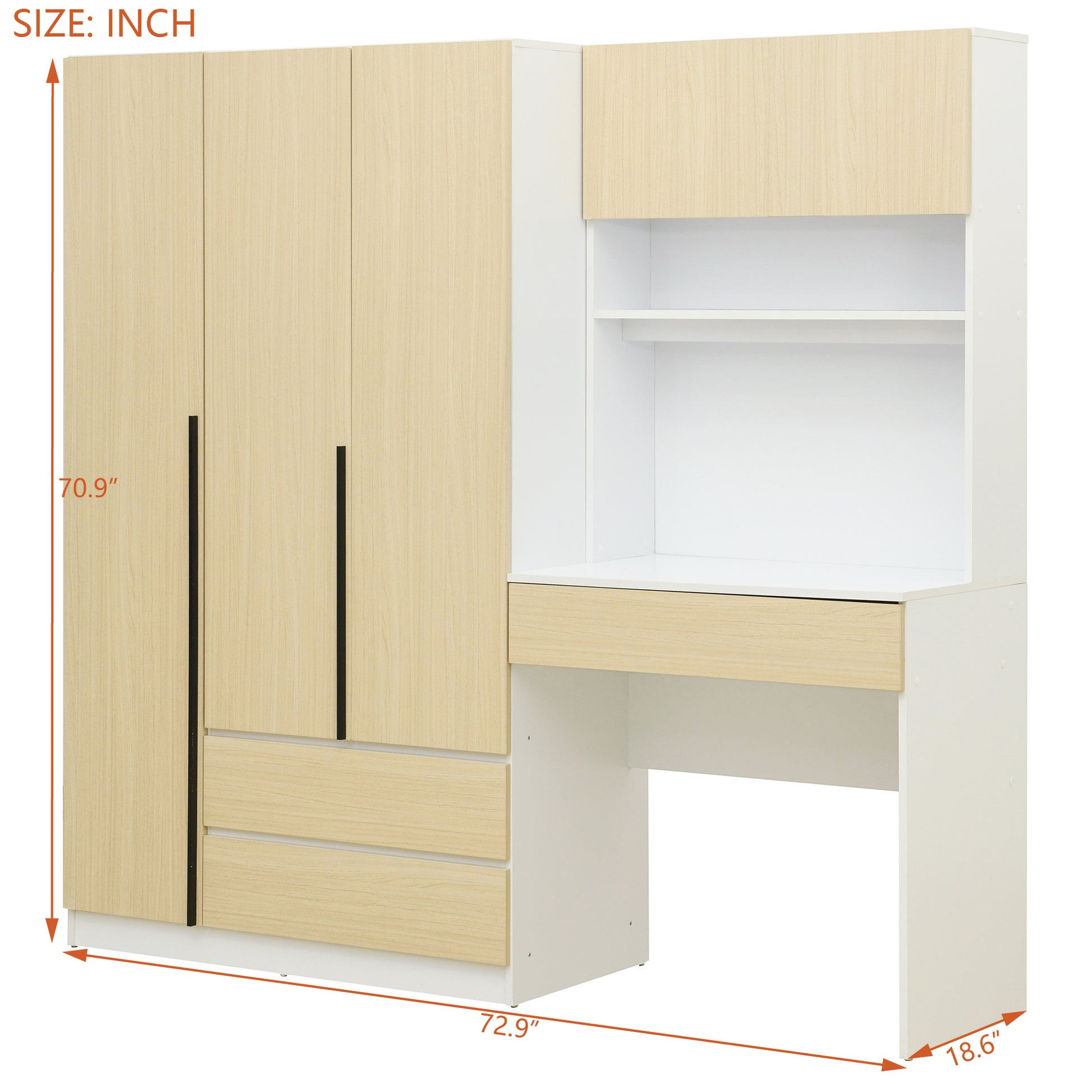 3-Door Wooden Storage Desk Wardrobe for Bedroom with Shelves and 3 Drawers, Natural