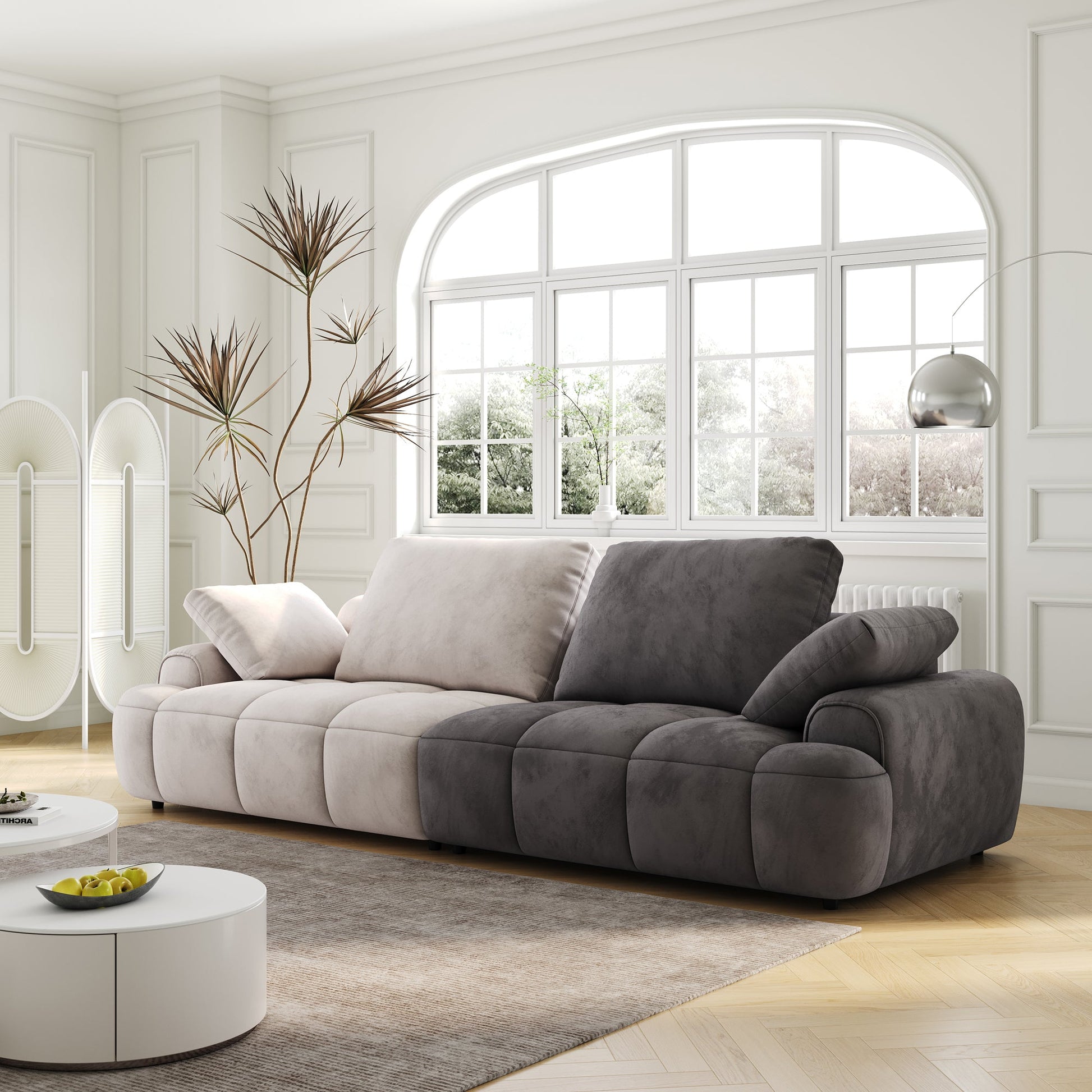 86.6″ Large size two Seat Sofa,Modern Upholstered,Beige paired with grey suede fabric - Usofuns