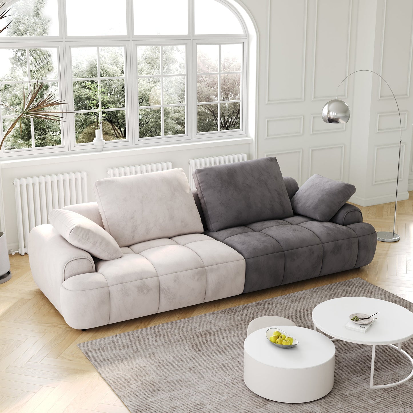86.6″ Large size two Seat Sofa,Modern Upholstered,Beige paired with grey suede fabric - Usofuns
