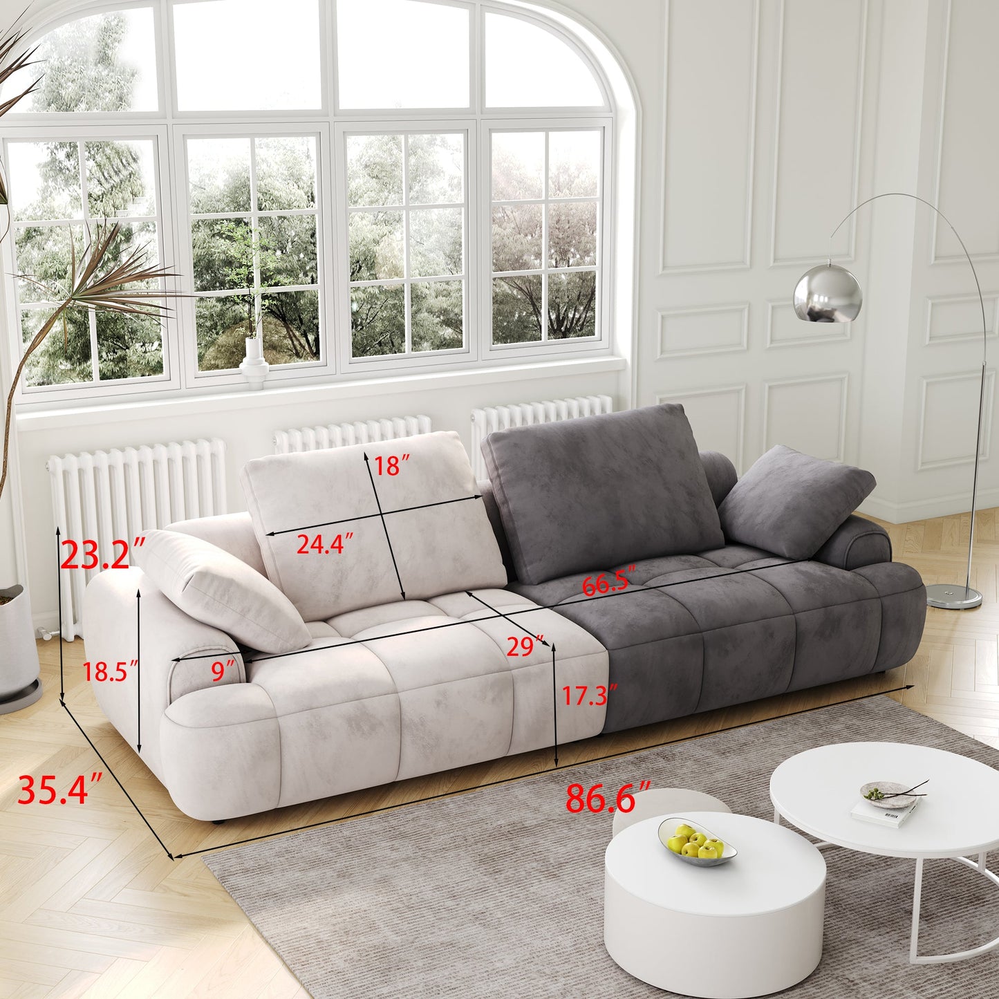 86.6″ Large size two Seat Sofa,Modern Upholstered,Beige paired with grey suede fabric - Usofuns