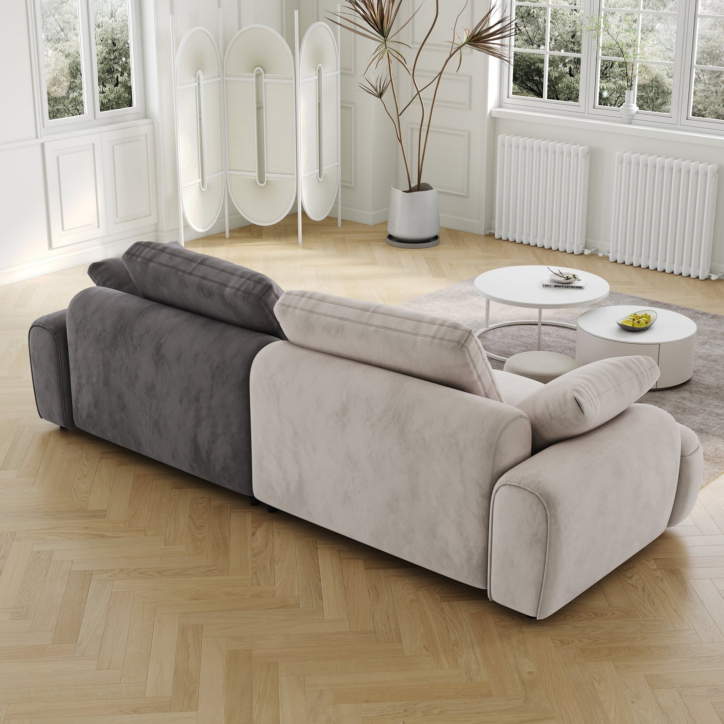 86.6″ Large size two Seat Sofa,Modern Upholstered,Beige paired with grey suede fabric - Usofuns
