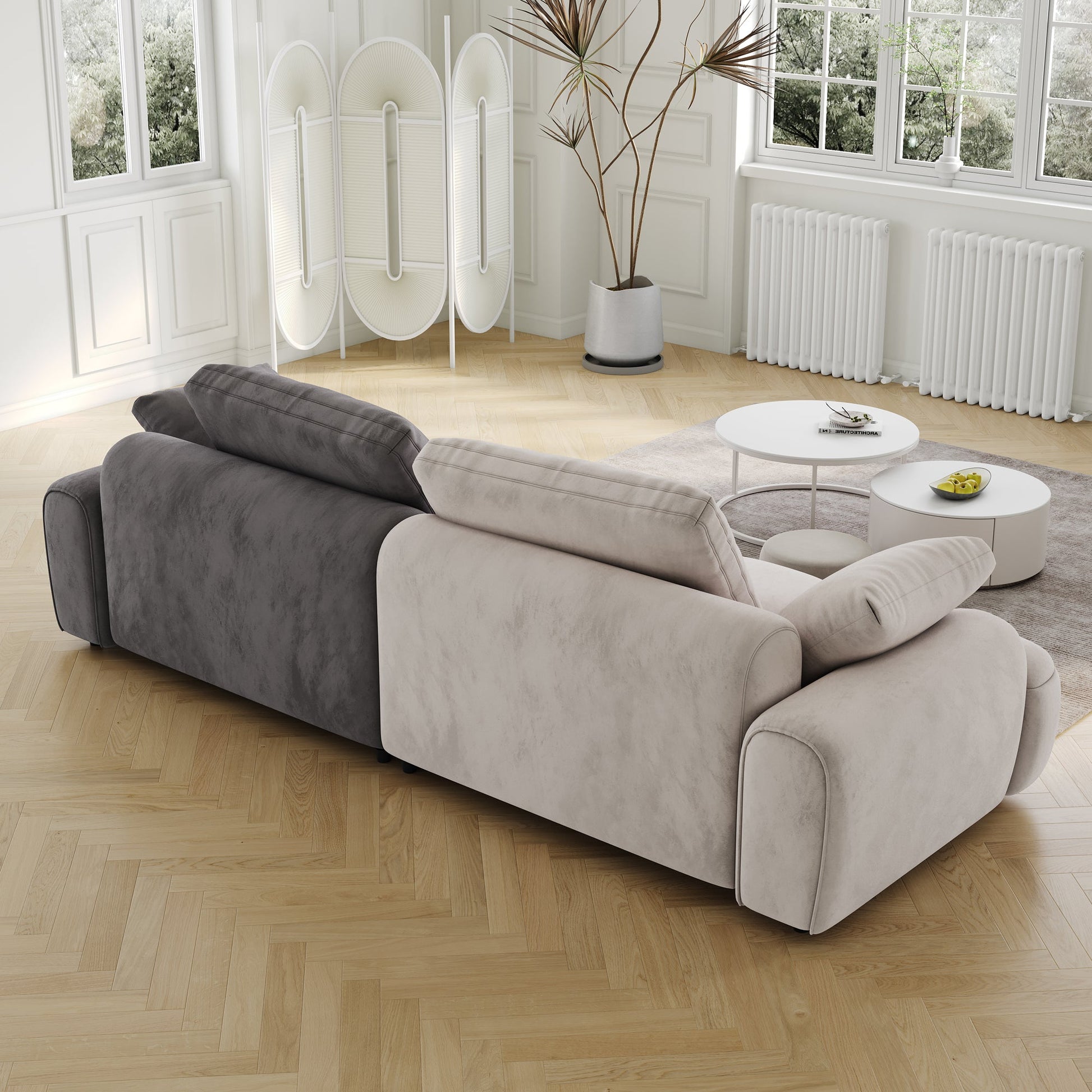86.6″ Large size two Seat Sofa,Modern Upholstered,Beige paired with grey suede fabric - Usofuns