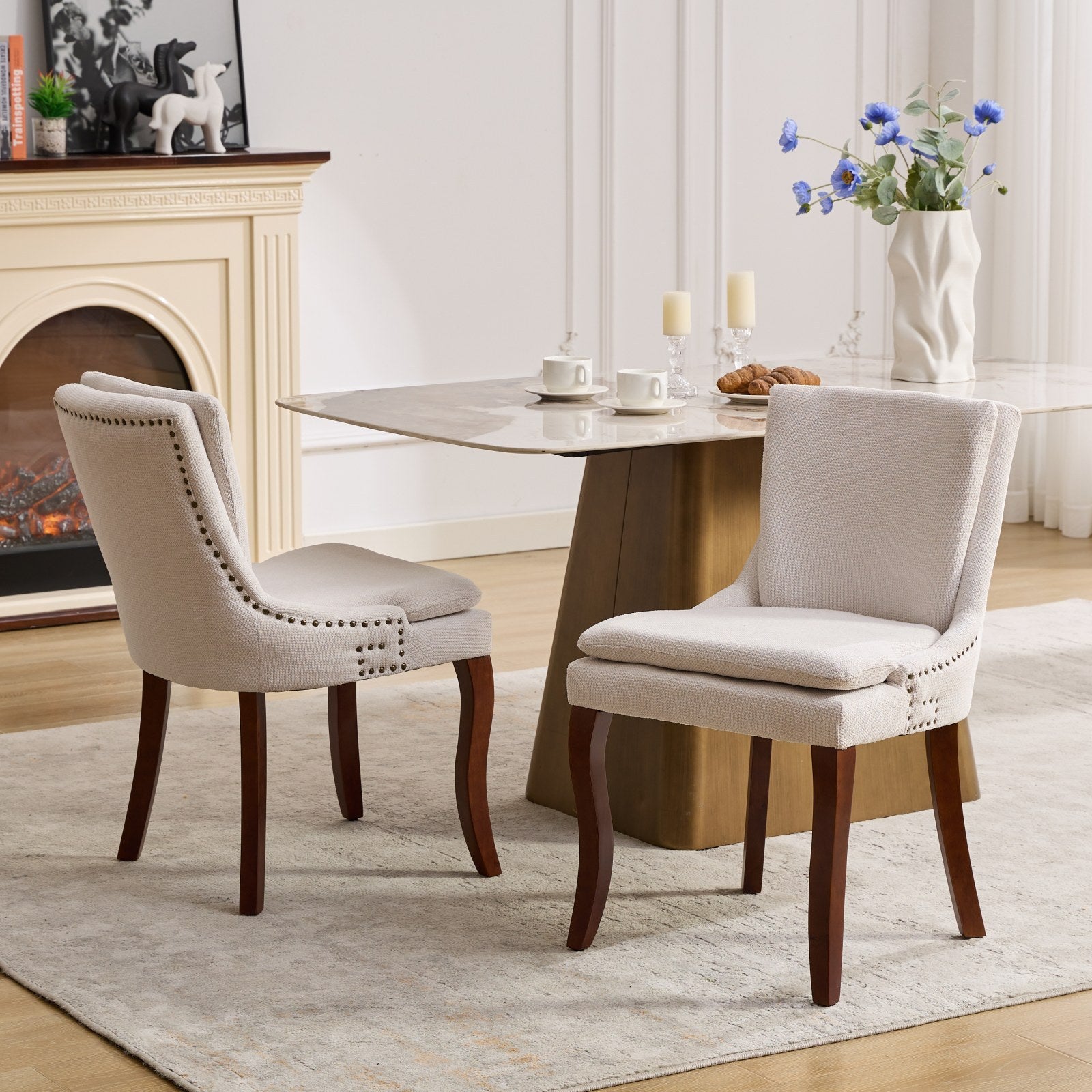 Modern Dining Chairs Set of 2,Double-layer Cushioned Chenille fabric Upholstered Accent Side Leisure Chairs with Mid Back and Curved Solid Wood Legs for Living Room/Dining Room-Beige 
