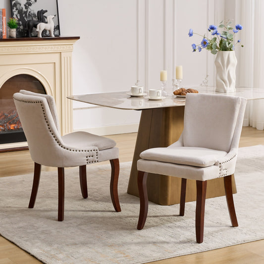 Modern Dining Chairs Set of 2,Double-layer Cushioned Chenille fabric Upholstered Accent Side Leisure Chairs with Mid Back and Curved Solid Wood Legs for Living Room/Dining Room-Beige 