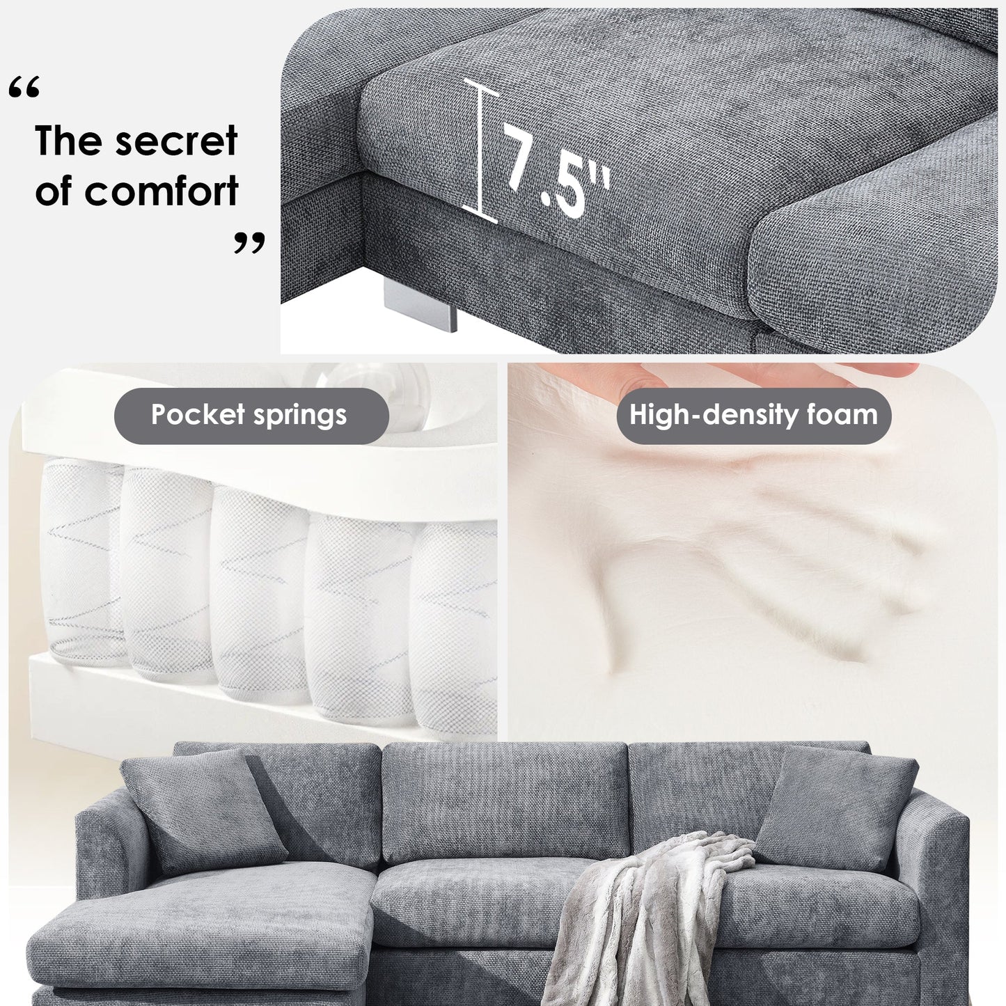 96*56' Modern Cloud Sectional Sofa,L - shaped Luxury Couch Set with 2 Free pillows,4 - seat Chenille Indoor Furniture with Oversized Chaise for Living Room,Apartment,Office,3 Colors - Usofuns