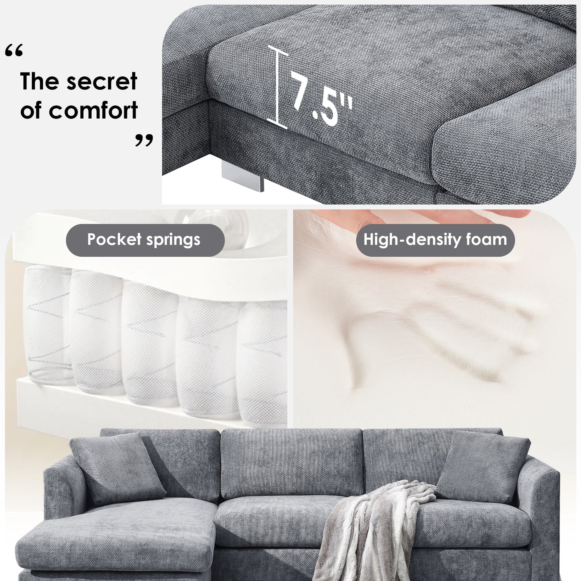 96*56' Modern Cloud Sectional Sofa,L - shaped Luxury Couch Set with 2 Free pillows,4 - seat Chenille Indoor Furniture with Oversized Chaise for Living Room,Apartment,Office,3 Colors - Usofuns