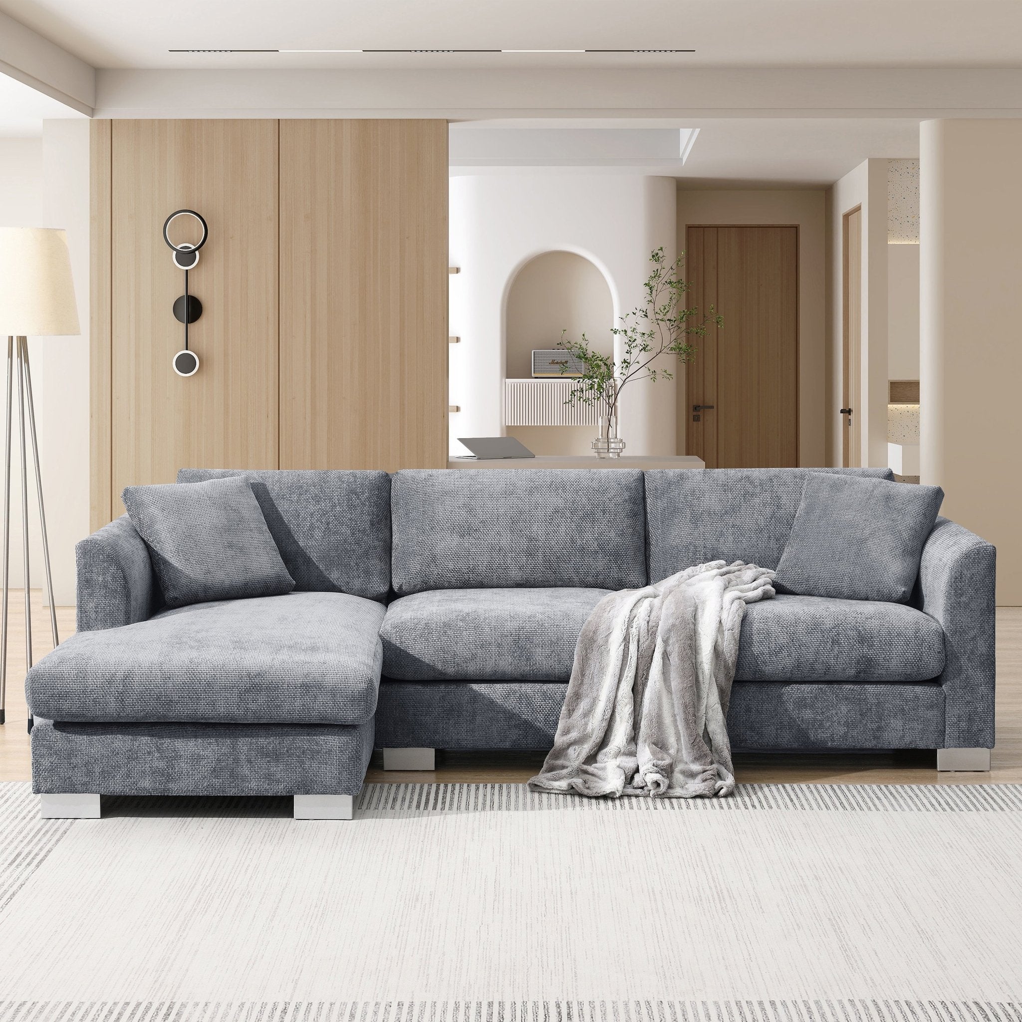 96*56' Modern Cloud Sectional Sofa,L - shaped Luxury Couch Set with 2 Free pillows,4 - seat Chenille Indoor Furniture with Oversized Chaise for Living Room,Apartment,Office,3 Colors - Usofuns
