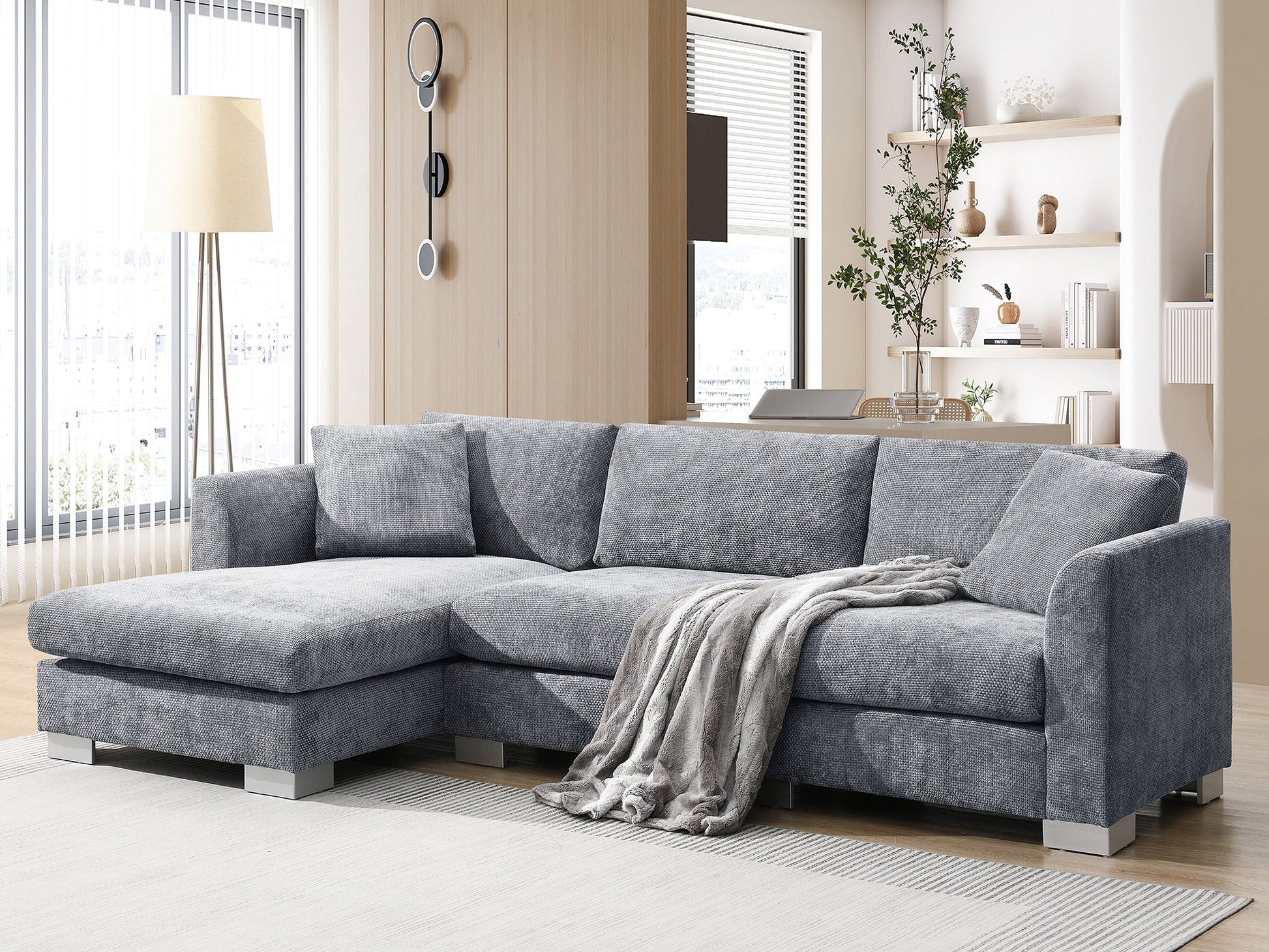 96*56' Modern Cloud Sectional Sofa,L - shaped Luxury Couch Set with 2 Free pillows,4 - seat Chenille Indoor Furniture with Oversized Chaise for Living Room,Apartment,Office,3 Colors - Usofuns
