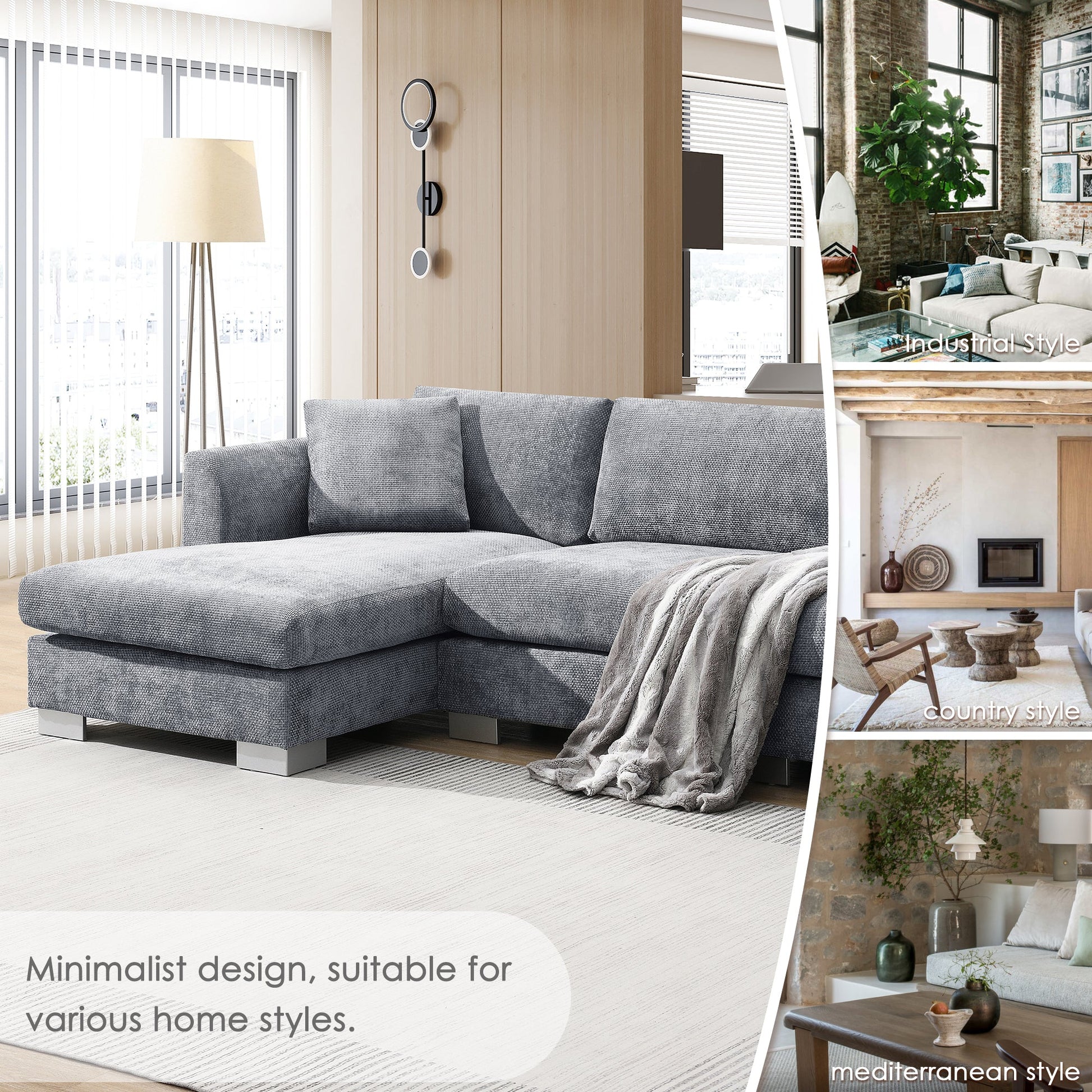 96*56' Modern Cloud Sectional Sofa,L - shaped Luxury Couch Set with 2 Free pillows,4 - seat Chenille Indoor Furniture with Oversized Chaise for Living Room,Apartment,Office,3 Colors - Usofuns