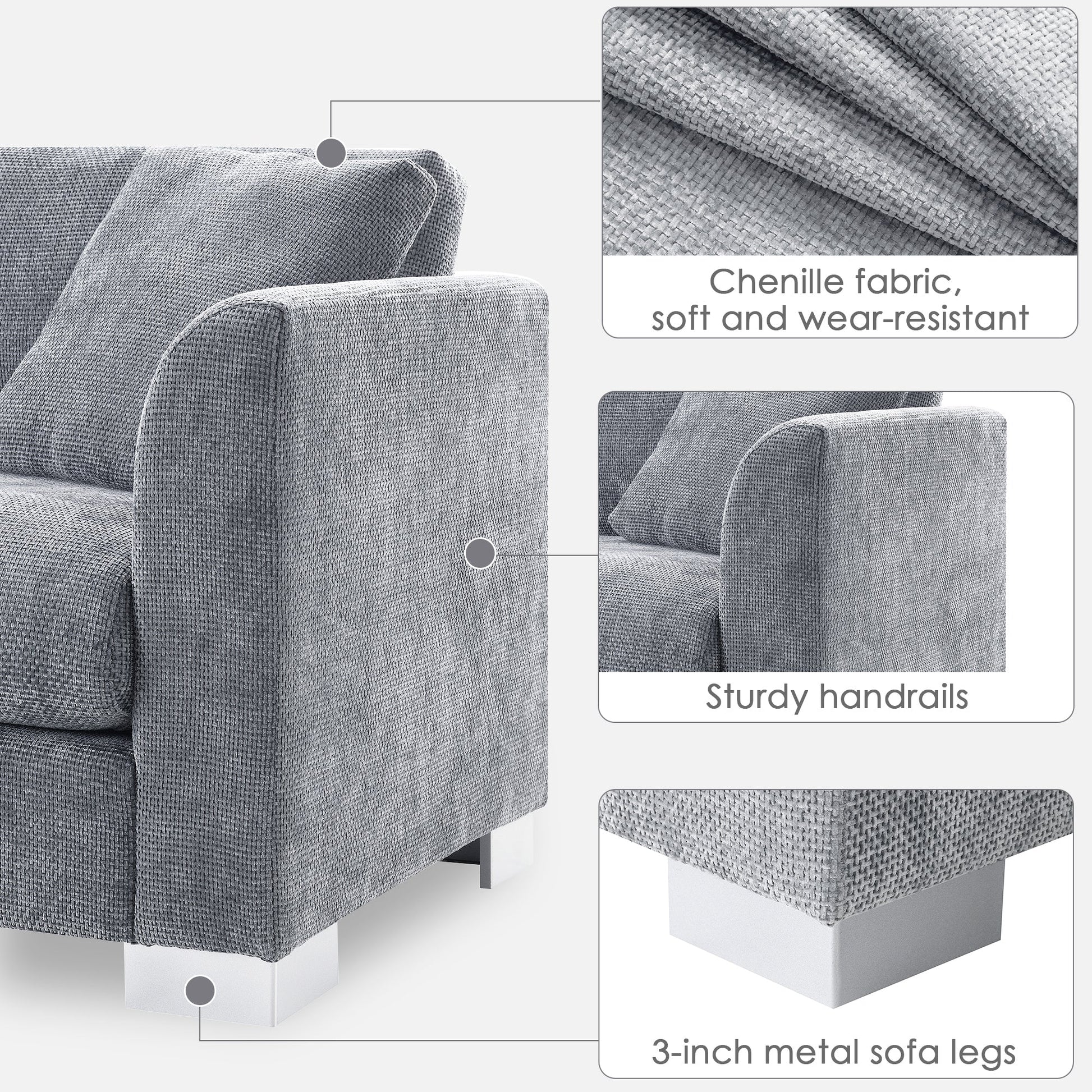 96*56' Modern Cloud Sectional Sofa,L - shaped Luxury Couch Set with 2 Free pillows,4 - seat Chenille Indoor Furniture with Oversized Chaise for Living Room,Apartment,Office,3 Colors - Usofuns