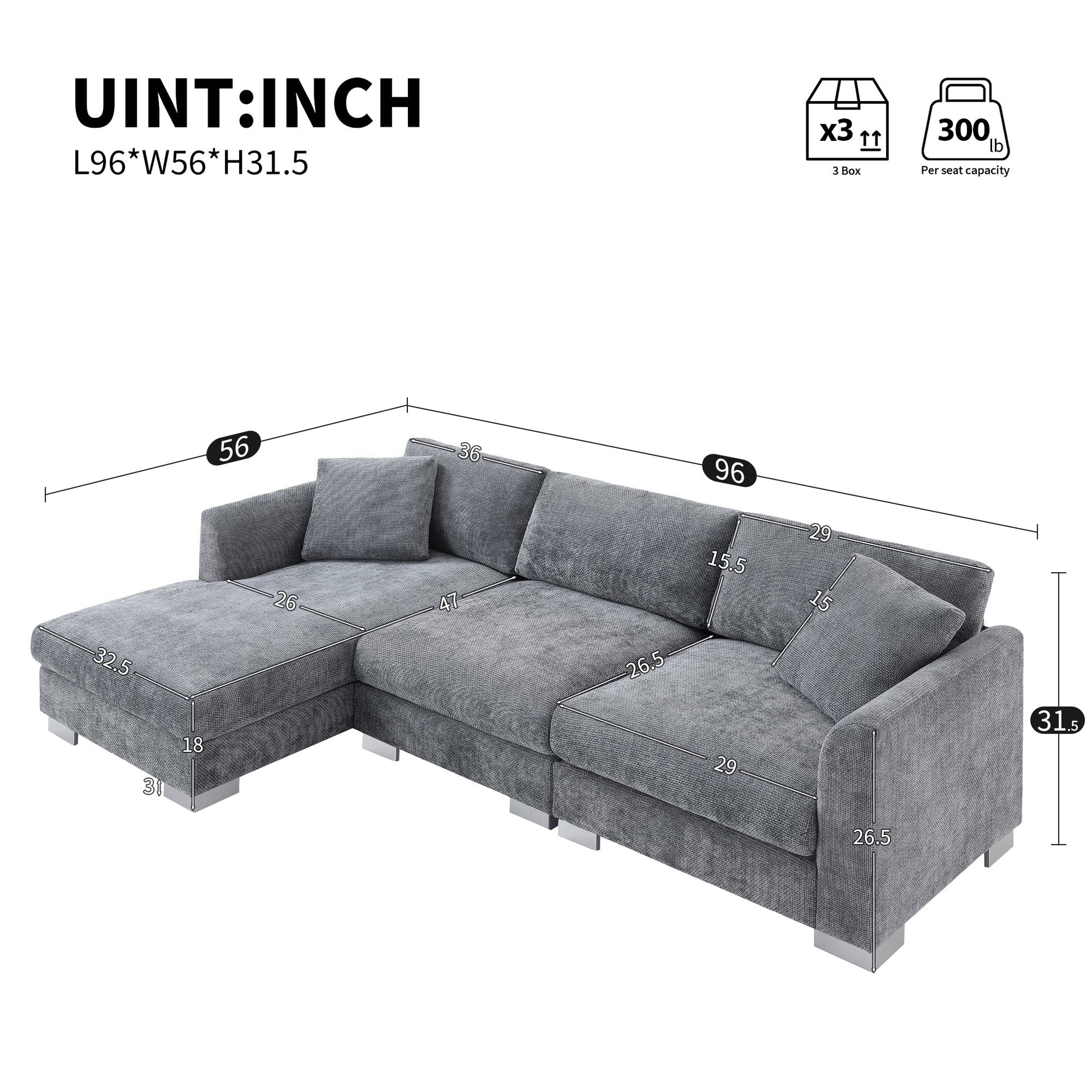 96*56' Modern Cloud Sectional Sofa,L - shaped Luxury Couch Set with 2 Free pillows,4 - seat Chenille Indoor Furniture with Oversized Chaise for Living Room,Apartment,Office,3 Colors - Usofuns