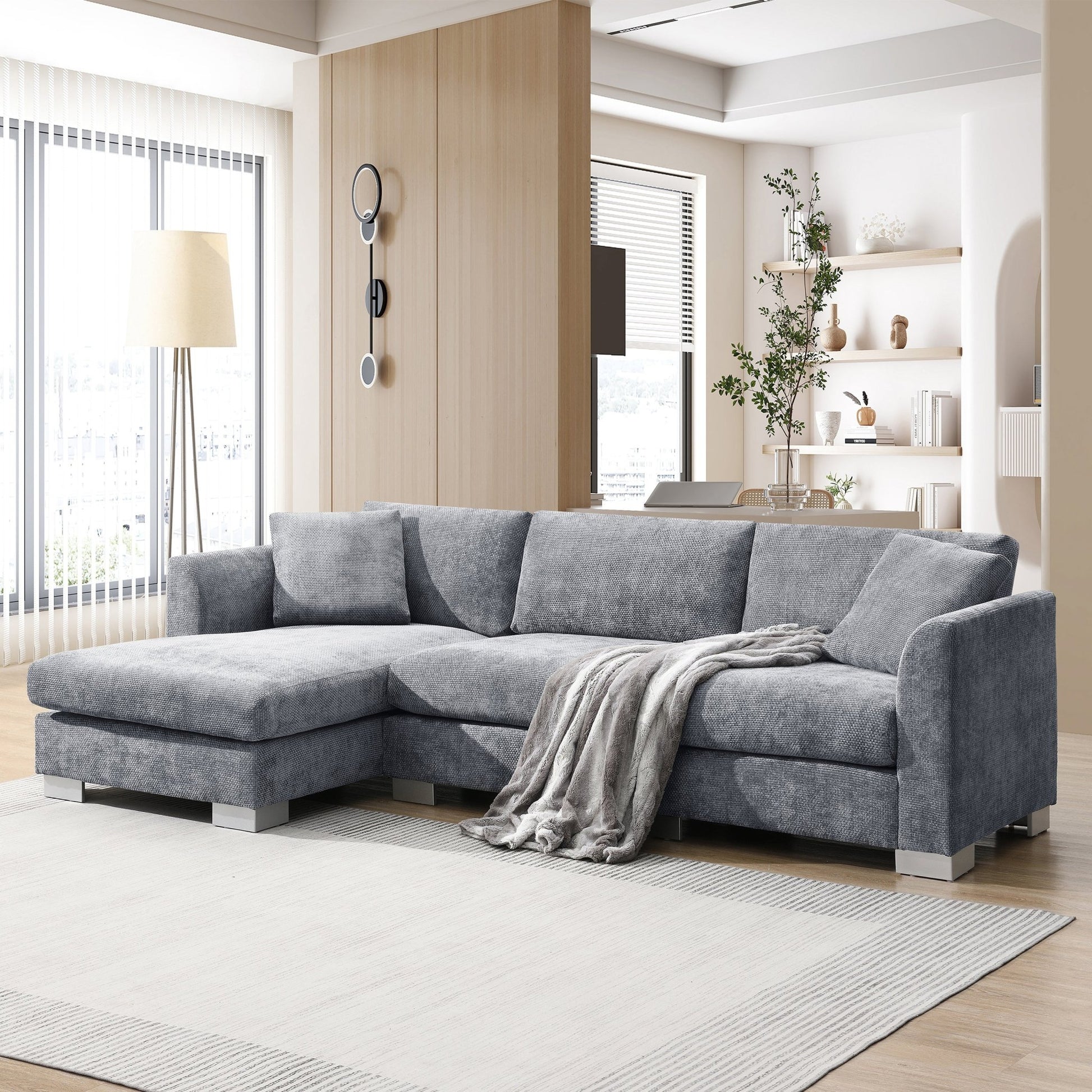 96*56' Modern Cloud Sectional Sofa,L - shaped Luxury Couch Set with 2 Free pillows,4 - seat Chenille Indoor Furniture with Oversized Chaise for Living Room,Apartment,Office,3 Colors - Usofuns