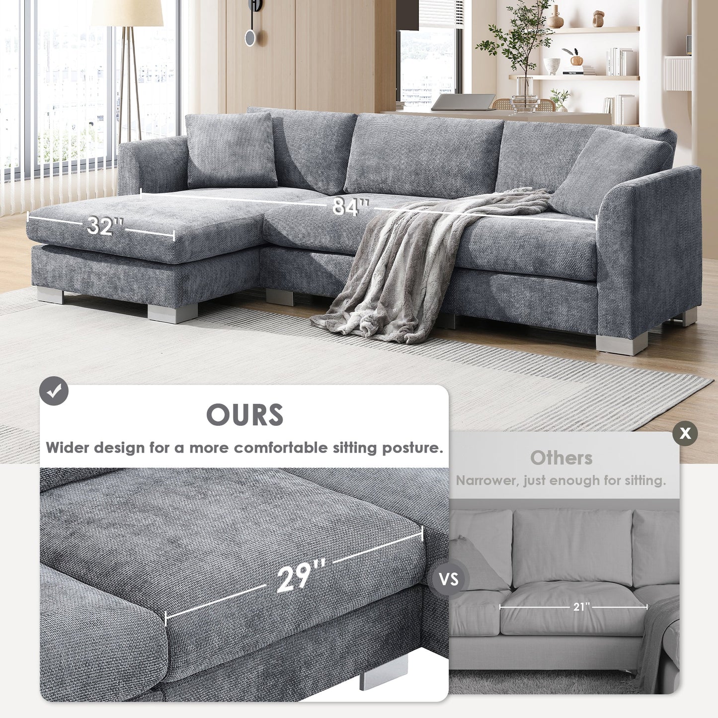 96*56' Modern Cloud Sectional Sofa,L - shaped Luxury Couch Set with 2 Free pillows,4 - seat Chenille Indoor Furniture with Oversized Chaise for Living Room,Apartment,Office,3 Colors - Usofuns