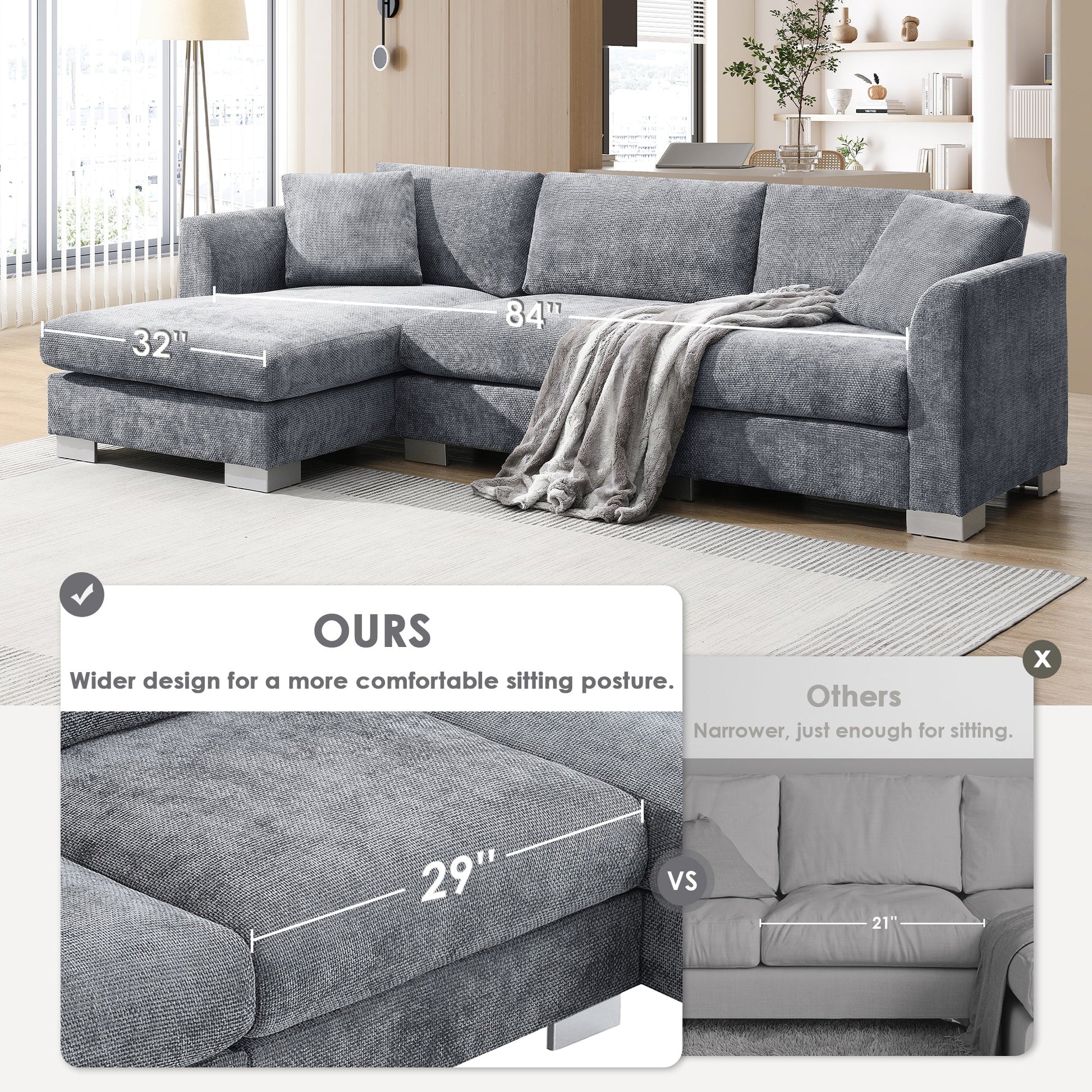 96*56' Modern Cloud Sectional Sofa,L - shaped Luxury Couch Set with 2 Free pillows,4 - seat Chenille Indoor Furniture with Oversized Chaise for Living Room,Apartment,Office,3 Colors - Usofuns